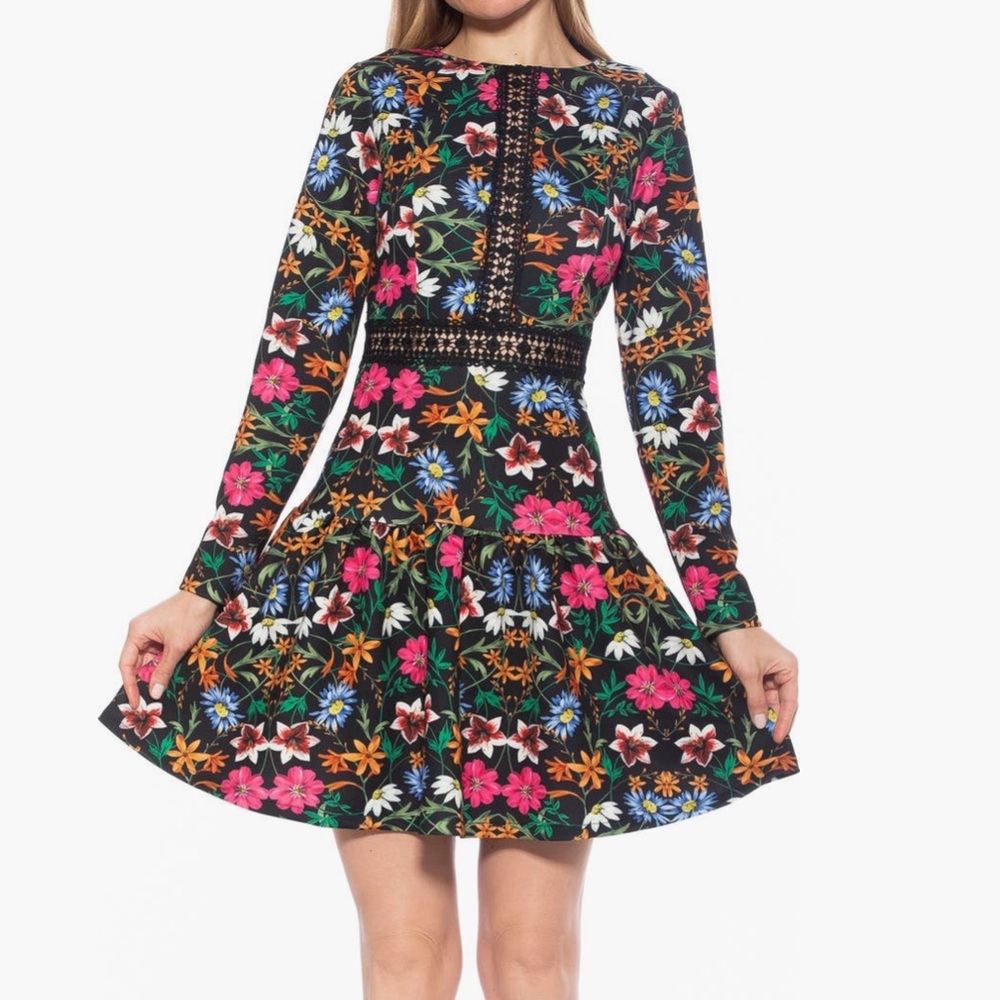 NEW ALEXIA by Alexia Admor Black Multi Floral Long Sleeve Dress Size 10 Lace